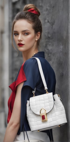 a noble white, guilted, satchel small shoulder bag.  rectangle shaped leather bag. beside an elegant navy blue bucket bag with red precius stones design and shining silver clutch purse 