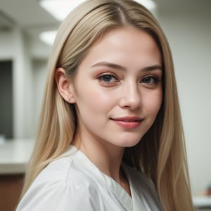 A 21-year-old fair girl with long, natural blonde and subtle makeup, dressed in a crisp nursing uniform, holds a nurses' chart at the reception desk. Her heartbreakingly beautiful smile with dimples (0.4) illuminates her detailed, toned face under soft, natural volumetric lighting. The 8K cinematic perfection captures every feature, from her piercing gaze to the gentle curve of her lips. Film grain and chromatic aberration add texture to the image, while sharp focus on her face creates a sense of intimacy. In the background, subtle blur creates depth, drawing attention to the stunning subject. Realistic, cinematic, and breathtakingly beautiful, this photo-realistic image is a masterpiece.