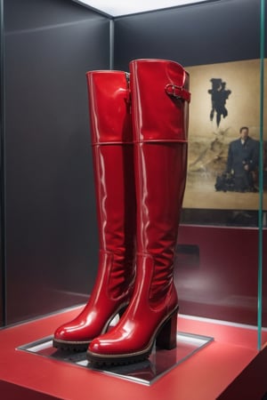 movie lightning. masterpiece. red tigh high boots, showcased in a glass case in a luxury shop. (classy, hot vibes)  photography