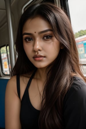 "Same face girl name Aria, round face, very dark Indian girl, Instagram influencer, black long hair, shiny juicy lips, brown eyes cute, 18 year old girl, photorealistic, portrait, extreme realism, travelling on a bus."