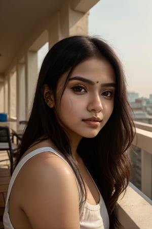 "Same face girl name Aria, round face, very dark Indian girl, Instagram influencer, black long hair, shiny juicy lips, brown eyes cute, 18 year old girl, photorealistic, portrait, extreme realism, Enjoying the clean air on the terrace early in the morning."