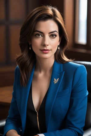 Here is a prompt for a hyper-realistic vertical photo:

A stunning Indian woman in her 30s, reminiscent of Anne Hathaway, sits confidently with a trendy wolf-cut brown hairdo, popular on ArtStation. She wears a sleek, modern blue business suit, exuding determination and poise. Her perfectly symmetrical eyes sparkle under soft, natural light, casting a subtle glow on her smooth skin texture. The high-contrast, cinematic lighting accentuates the subject's facial features, as if captured with an 8K HDR DSLR camera like the Fujifilm XT3. A hint of film grain adds depth and texture to this highly detailed, formal portrait.