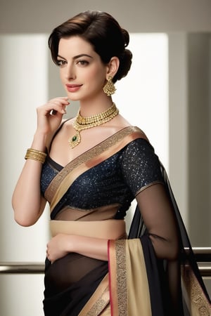 Anne Hathaway, a ravishing Indian beauty in her early twenties, exudes confidence and sophistication as she poses against the backdrop of a luxurious office. Her Trendsetter wolf cut black hair cascades down her back like a waterfall, framing her heart-shaped face. A delicate choker belt adorns her neck, accentuating her 36D bust. She dons a stunning saree that hugs her curves in all the right places, its intricate patterns and colors shimmering under the soft fairy tone lighting. Her fair skin glows with a subtle sheen, as if kissed by the golden hour. Her flirty gaze captures the camera's attention, conveying determination and poise. The overall composition is sleek and modern, with Anne's pose striking a perfect balance between elegance and sass.
