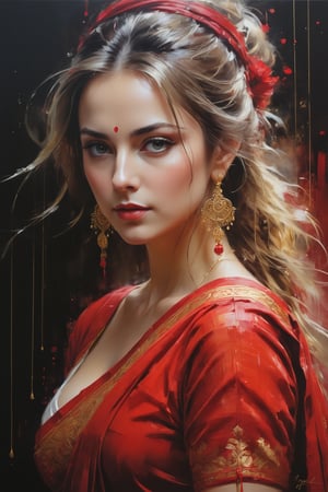 oil painting, heavy brushstrokes, paint drips, a breathtaking portrait of a Mozart, female, wearing red saree, action pose, medium long fuzzy hair, perfect symmetric eyes,gorgeous face, by Jeremy Mann, Carne Griffiths, Robert Oxley, rich, deep colors,layered image shaded by cells, golden ratio, award winning, professional,highly detailed, intricate, volumetric lighting, gorgeous, masterpiece, sharp focus, depth of field, perfect composition, award winner, artstation,