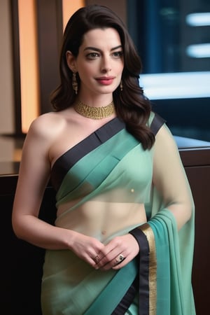 Anne Hathaway poses confidently, her Trendsetter wolf-cut black hair styled sleekly down the sides of her face, as she wears a stunning Indian-inspired saree in a luxurious office setting. The choker belt accentuates her toned neck. Her 36D bust is showcased beneath the saree's flowing folds. Her fair skin glows under fairy-like lighting, and her flirty gaze seems to challenge the camera. Her determined expression commands attention, as she stands vertically, one shoulder slightly raised, in a modern yet traditional attire.