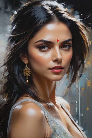 oil painting, heavy brushstrokes, paint drips, a breathtaking portrait of a Mozart, female, Deepika Padukone, action pose, medium long fuzzy hair, perfect symmetric eyes,gorgeous face, by Jeremy Mann, Carne Griffiths, Robert Oxley, rich, deep colors,layered image shaded by cells, golden ratio, award winning, professional,highly detailed, intricate, volumetric lighting, gorgeous, masterpiece, sharp focus, depth of field, perfect composition, award winner, artstation, acrylic painting create a hyper realistic vertical photo of Indian most attractive woman in her 40s, Trendsetter wolf cut black hair, trending on artstation, portrait, digital art, modern, sleek, highly detailed, formal, determined, 38C, fairy tone, Naked