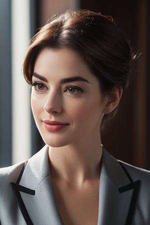 Here is a prompt for a hyper-realistic vertical photo:

A stunning Indian woman in her 30s, reminiscent of Anne Hathaway, sits confidently with a trendy wolf-cut brown hairdo, popular on ArtStation. She wears a sleek, modern naked business suit, exuding determination and poise. Her perfectly symmetrical eyes sparkle under soft, natural light, casting a subtle glow on her smooth skin texture. The high-contrast, cinematic lighting accentuates the subject's facial features, as if captured with an 8K HDR DSLR camera like the Fujifilm XT3. A hint of film grain adds depth and texture to this highly detailed, formal portrait.
