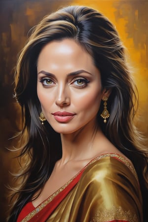 oil painting, heavy brushstrokes, paint drips, a breathtaking portrait of a Mozart, female, Angelina Jolie, Saree, medium long fuzzy hair, perfect symmetric eyes,gorgeous face, rich, deep colors,layered image shaded by cells, golden ratio, award winning, professional,highly detailed, intricate, volumetric lighting, gorgeous, masterpiece, sharp focus, depth of field, perfect composition, award winner, artstation, acrylic painting create a hyper realistic vertical photo of Indian most attractive woman in her 40s, Trendsetter wolf cut black hair,