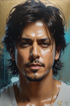 Sharp focus captures Sharukh Khan's stunning features as he stands confidently, medium-long fuzzy hair framing his chiseled face. Perfectly symmetric eyes radiate determination beneath heavy brows. A breathtaking oil painting by Jeremy Mann, Carne Griffiths, and Robert Oxley combines rich, deep colors with layered shading, evoking the golden ratio. Volumetric lighting accentuates every contour of this masterpiece. Dripping paint adds texture to the award-winning portrait, trending on ArtStation.