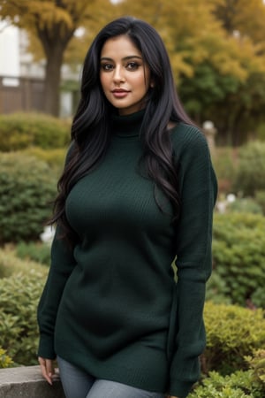 Lovely cute 36 years old young attractive indian  girl, 36 years old, cute model, long black_hair, black  hair, They are wearing a green sweater, and she is a garden, good fit curvy body

