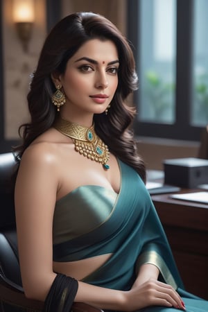 Vertical portrait of a stunning Indian woman in her 40s, donning a Trendsetter wolf cut black hair and a choker belt, exuding modern elegance. She sits confidently in a luxurious office, surrounded by sleek, high-tech gadgets. Her formal saree is draped elegantly around her curvy figure, accentuating her impressive 36D bust. Her fair skin glows with a subtle fairy tone, illuminating her determined expression. A flirty gaze, reminiscent of Anne Hathaway's, meets the viewer's eyes, inviting closer inspection. The camera captures every detail, from the intricate saree folds to the delicate curves of her wolf-cut hair, in a hyper-realistic digital art piece that's sure to trend on ArtStation.