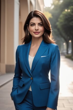 create a hyper realistic vertical photo of Indian most attractive happy woman in her 30s, Anne hathway, Trendsetter wolf cut brown hair, trending on artstation, portrait, digital art, modern, sleek, highly detailed, formal, determined, blue business suit, perfect symmetric eyes, natural skin texture, hyperrealism, soft light, sharp, 8k hdr, dslr, high contrast, cinematic lighting, high quality, film grain, Fujifilm XT3