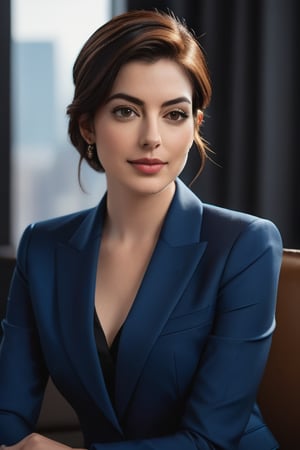 Here is a prompt for a hyper-realistic vertical photo:

A stunning Indian woman in her 30s, reminiscent of Anne Hathaway, sits confidently with a trendy wolf-cut brown hairdo, popular on ArtStation. She wears a sleek, modern blue business suit, exuding determination and poise. Her perfectly symmetrical eyes sparkle under soft, natural light, casting a subtle glow on her smooth skin texture. The high-contrast, cinematic lighting accentuates the subject's facial features, as if captured with an 8K HDR DSLR camera like the Fujifilm XT3. A hint of film grain adds depth and texture to this highly detailed, formal portrait.