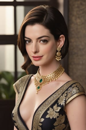 Anne Hathaway, a ravishing Indian beauty in her early twenties, exudes confidence and sophistication as she poses against the backdrop of a luxurious office. Her Trendsetter wolf cut black hair cascades down her back like a waterfall, framing her heart-shaped face. A delicate choker belt adorns her neck, accentuating her 36D bust. She dons a stunning saree that hugs her curves in all the right places, its intricate patterns and colors shimmering under the soft fairy tone lighting. Her fair skin glows with a subtle sheen, as if kissed by the golden hour. Her flirty gaze captures the camera's attention, conveying determination and poise. The overall composition is sleek and modern, with Anne's pose striking a perfect balance between elegance and sass.