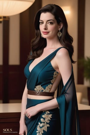 Anne Hathaway, the epitome of elegance and sophistication, stands confidently in a luxurious office, her long, raven-black hair styled in a trendy wolf cut. Her piercing brown eyes gleam with determination as she wears a stunning saree, its intricate patterns and flowing folds accentuating her curvaceous figure. The choker belt cinches at her slender neck, drawing attention to her 36D bust. Her fair skin glows with a subtle fairy tone, illuminated by the soft office lighting. As she looks directly into the camera, her flirty gaze whispers secrets of her own making.