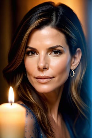 In a soft focus portrait, Sandra Bullock's gentle expression is bathed in warmly glowing candlelight, with subtle brushstrokes and fuzzy textures blending her features. Her wistful gaze drifts into the distance, as the background dissolves into a swirling mix of warm golden hues, whispered blues, and ethereal whispers of color.