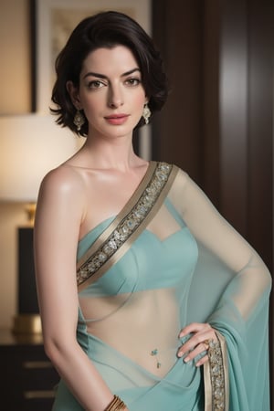 A stunning Indian woman, Anne Hathaway-inspired beauty, sits confidently in a luxurious office, her Trendsetter wolf cut black hair perfectly messy. Her fair skin glows under soft light, accentuating her 36D figure and flirty gaze. A saree drapes elegantly around her body, with perfect symmetry to her eyes, which sparkle like diamonds. The high-contrast lighting creates a cinematic effect, reminiscent of an 8K HDR film shot on a DSLR camera with Fujifilm XT3 lenses. Her determined expression radiates confidence and sophistication, as if she's about to conquer the world. In this portrait, the subject is captured in sharp focus, amidst a sea of creamy skin texture and luxurious surroundings.