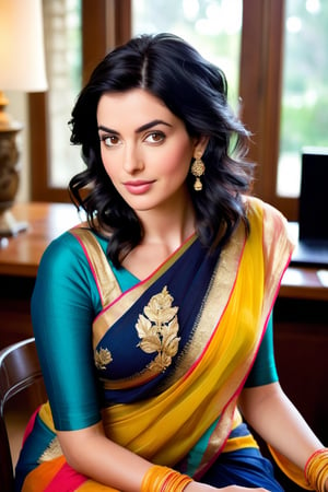 A stunning Indian woman sits confidently in a luxurious office, her Trendsetter wolf cut black hair styled sleekly around her face. She wears a saree that drapes elegantly over her curvaceous figure, accentuating her 36D bust. Her flirty gaze, reminiscent of Anne Hathaway's, is directed at the viewer with perfect symmetric eyes and natural skin texture. Messy hair frames her face, adding to her whimsical charm. Soft light, reminiscent of fairy tones, casts a warm glow over the scene, with high contrast and cinematic lighting creating a visually stunning 8k HDR image, captured with the precision of a DSLR camera like the Fujifilm XT3. The overall aesthetic is formal, yet playful, evoking the style of Disney Pixar's digital art.