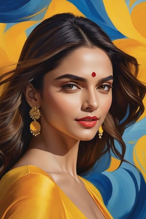 Deepika Padukone's radiant visage shines amidst swirling clouds of cerulean blue and cadmium yellow, soft brushstrokes blending like wispy tendrils. Warm golden light caresses her features, as if kissed by the sun. Vibrant hues dance across the canvas, evoking Henri Matisse's Fauvist flair. 16k resolution amplifies the textures, rendering each fuzzy stroke a tactile experience.