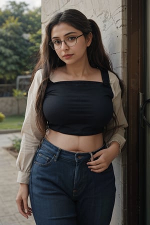 A stunning portrait of a 36-year-old Kashmiri woman, solo in a serene outdoor setting. She wears denim jeans, brown sandals, and a casual shirt, her long braided hair flowing down her back. Twin ponytails adorned with twin tails create a whimsical touch. Big eye glasses frame her striking features, including a T-shaped navel. The 50mm lens captures every detail in crisp 8K resolution.