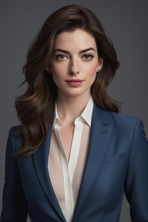 Vertical portrait of Anne Hathaway-styled Indian woman in her 30s, framed within a rectangular border. The subject sits confidently, her trendy wolf cut and brown hair styled in loose, effortless waves. A blue business suit accentuates her toned physique, cinched at the waist with a slim belt.

Anne's determined expression is captured in sharp focus, her eyes - perfectly symmetrical and aligned - radiate confidence and intelligence. Her natural skin tone glows with a subtle sheen, as if kissed by soft, warm light.

The cinematic lighting scheme emphasizes hyperrealism, featuring a high-contrast blend of shadows and highlights. The overall effect is moody yet sophisticated, evoking the mystique of a high-fashion editorial spread.

Captured in 8K HDR on a DSLR, the image boasts film grain akin to a Fujifilm XT3, imbuing it with a tactile, analog quality reminiscent of classic photography. A masterpiece worthy of trending on ArtStation, this hyper-realistic portrait embodies modern, sleek digital art at its finest.