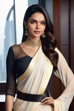 Deepika Padukone's 'Corporate Siren': A stunning vertical portrait of a 40-something Indian woman, donning a sleek choker belt and Trendsetter wolf cut black hair that cascades down her back like a waterfall. Her eyes gleam with a flirty gaze, illuminating the luxurious office backdrop as she stands confidently in front of a floor-to-ceiling window. The soft fairy tone skin glows with an ethereal quality, complemented by her 36D figure beautifully framed in a traditional saree that drapes elegantly around her curves. A modern masterpiece of digital art, this portrait exudes determination and sophistication.