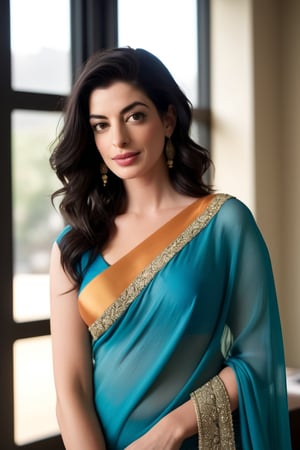 A stunning Indian woman posing confidently in a luxurious office setting. She wears a saree, her Trendsetter wolf cut black hair styled in a messy yet chic manner. Her breathtakingly beautiful face features a flirty gaze, perfect symmetric eyes, and natural skin texture. Anne Hathaway-inspired features shine through with a determined expression. Soft light illuminates her 36D figure, accentuating her fairy-toned complexion. High-contrast cinematography creates a cinematic effect, reminiscent of Disney Pixar-style visuals. Shot in 8K HDR on a DSLR camera, Fujifilm XT3, with film grain for added realism.