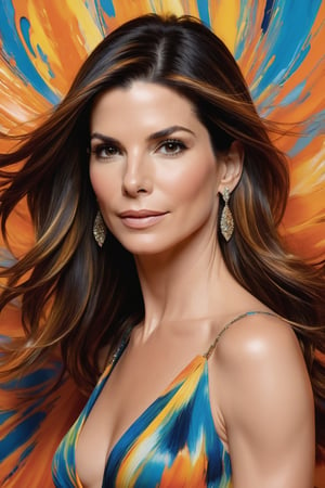 Sandra Bullock's radiant face glows amidst a swirling vortex of vibrant hues, as if infused by the warmth of beauty lighting. Fuzzy brushstrokes dance across her features, imbuing her porcelain skin with an ethereal quality. A kaleidoscope of colors - fiery oranges, electric blues, and sunshine yellows - blend in frenzied harmony, evoking Jackson Pollock's signature style. Set against a 16k canvas, Sandra's gaze holds steady, as if beckoning the viewer into this fantastical realm.