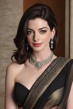 Anne Hathaway, the epitome of elegance and sophistication, stands confidently in a luxurious office, her long, raven-black hair styled in a trendy wolf cut. Her piercing brown eyes gleam with determination as she wears a stunning saree, its intricate patterns and flowing folds accentuating her curvaceous figure. The choker belt cinches at her slender neck, drawing attention to her 36D bust. Her fair skin glows with a subtle fairy tone, illuminated by the soft office lighting. As she looks directly into the camera, her flirty gaze whispers secrets of her own making.