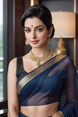 Vertical portrait of a stunning Indian woman in her 40s, donning a choker belt and Trendsetter wolf cut black hair styled to perfection. She sits confidently in a luxurious office, surrounded by sleek modern decor, wearing a stunning saree that accentuates her curves. Her fair skin glows with a fairy tone, as she fixes a determined yet flirty gaze directly at the camera. Her 36D bust is beautifully framed by the delicate folds of the saree. The overall aesthetic exudes high-end digital art, reminiscent of Anne Hathaway's signature style.