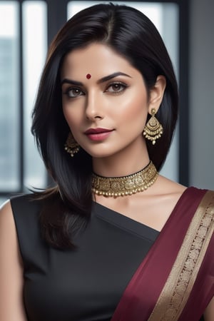 create a hyper realistic vertical photo of Indian most attractive woman in her 40s, choker belt, Trendsetter wolf cut black hair, trending on artstation, portrait, digital art, modern, sleek, highly detailed, formal, determined, wearing saree, in luxurious office, 36D , fairy tone, fair skin, flirty gaze, anne hathway