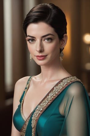 A stunning Indian woman, Anne Hathaway-inspired beauty, sits confidently in a luxurious office, her Trendsetter wolf cut black hair perfectly messy. Her fair skin glows under soft light, accentuating her 36D figure and flirty gaze. A saree drapes elegantly around her body, with perfect symmetry to her eyes, which sparkle like diamonds. The high-contrast lighting creates a cinematic effect, reminiscent of an 8K HDR film shot on a DSLR camera with Fujifilm XT3 lenses. Her determined expression radiates confidence and sophistication, as if she's about to conquer the world. In this portrait, the subject is captured in sharp focus, amidst a sea of creamy skin texture and luxurious surroundings.