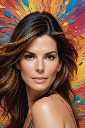 Sandra Bullock's radiant face glows under soft, golden light, amidst a swirling vortex of vibrant hues. Fuzzy brushstrokes dance across her skin, as if infused with an impressionistic energy. Her eyes sparkle like diamonds against the bright, clashing colors, reminiscent of Pollock's dynamic splatters. In the foreground, delicate wisps of color appear to float, framing Sandra's serene expression. The overall effect is a kaleidoscope of beauty and chaos, as if reality itself has been distilled into an 8K masterpiece.
