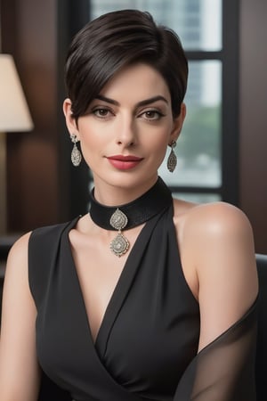 A stunning Indian woman in her 40s, donning a Trendsetter wolf cut black hairdo, sits poised and confident against a luxurious office backdrop. She wears a flowing saree that hugs her curves, showcasing her toned physique. Her 36D bust is framed by the choker belt, drawing attention to her fair skin and fairy-toned complexion. A flirty gaze meets the camera, reminiscent of Anne Hathaway's charm. The subject's determined expression exudes modern sophistication, as she sits amidst sleek, high-end office decor. Framed within a rectangular crop, the photo captures every detail with hyper-realistic precision.