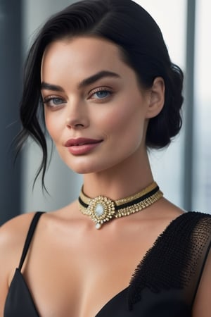 create a hyper realistic vertical photo of Margot Robbie, Caucasian most attractive woman in her 20s, choker belt, Trendsetter wolf cut black hair, modern, sleek, highly detailed, formal, determined, wearing saree, in luxurious office, 36D , fairy tone, fair skin, flirty gaze,