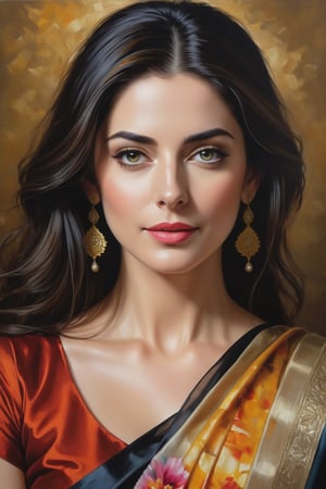 oil painting, heavy brushstrokes, paint drips, a breathtaking portrait of a Mozart, female, Anne hathway, wearing floral transparent saree, medium long fuzzy hair, perfect symmetric eyes,gorgeous face,  rich, deep colors,layered image shaded by cells, golden ratio, award winning, professional,highly detailed, intricate, volumetric lighting, gorgeous, masterpiece, sharp focus, depth of field, perfect composition, award winner, artstation, acrylic painting create a hyper realistic vertical photo of Indian most attractive woman in her 40s, Trendsetter wolf cut black hair, 