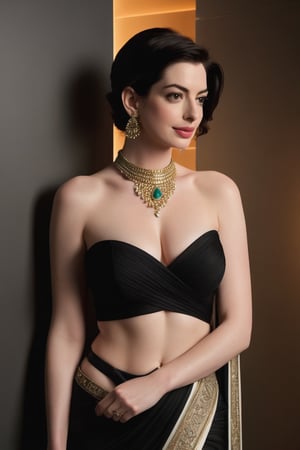 Anne Hathaway, a stunning young woman with Indian roots, poses confidently in a luxurious office setting. Her Trendsetter wolf-cut black hair falls down her back like a waterfall, framing her radiant fair skin and striking features. She wears a modern saree that drapes elegantly around her curvaceous figure, accentuating her 36D bust. A choker belt cinches at her waist, highlighting her toned physique. Her determined gaze, illuminated by fairy-like lighting, seems to say, 'I'm taking over the world.' The camera captures every detail of her stunning features, from her flirty gaze to the subtle curves of her full lips.