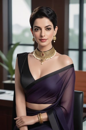 Vertical portrait of a stunning Indian woman in her 40s, donning a choker belt and Trendsetter wolf cut black hair styled to perfection. She sits confidently in a luxurious office, surrounded by sleek modern decor, wearing a stunning saree that accentuates her curves. Her fair skin glows with a fairy tone, as she fixes a determined yet flirty gaze directly at the camera. Her 36D bust is beautifully framed by the delicate folds of the saree. The overall aesthetic exudes high-end digital art, reminiscent of Anne Hathaway's signature style.