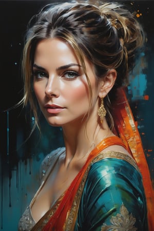 oil painting, heavy brushstrokes, paint drips, a breathtaking portrait of a Mozart, female, Saree, Sandra Bullock, action pose, medium long fuzzy hair, perfect symmetric eyes, gorgeous face, by Jeremy Mann, Carne Griffiths, Robert Oxley, rich, deep colors,layered image shaded by cells, golden ratio, award winning, professional,highly detailed, intricate, volumetric lighting, gorgeous, masterpiece, sharp focus, depth of field, perfect composition, award winner, artstation, acrylic painting, 