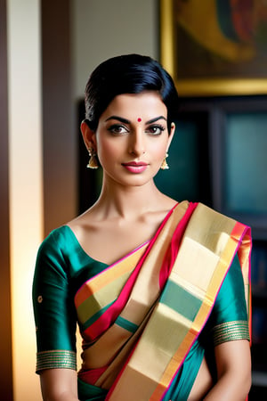 In a sleek and modern office setting, a breathtakingly beautiful Indian woman, with Trendsetter wolf cut black hair, sits confidently amidst luxurious surroundings. Her flirty gaze commands attention as she wears a stunning saree, her natural skin texture glowing under the soft light. Her perfect symmetric eyes shine like stars, framed by lush lashes. The camera captures her 36D figure in sharp detail, with a hint of fairy tone on her fair skin. Her determined expression is reminiscent of Anne Hathaway's, as she exudes confidence and poise. The high-contrast lighting, reminiscent of cinematic films, accentuates the textures of the saree and her dark hair. Shot with a DSLR and 8K HDR, this portrait radiates high-quality film grain, perfect for showcasing on ArtStation.