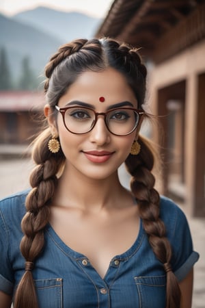 Prompt: Captured in stunning 8K resolution, this mesmerizing portrait features a 36-year-old Kashmiri woman, donning big eye glasses and sporting twin tail ponytails. Her long, brown hair is adorned with braids, framing her striking features. She poses confidently outdoors, wearing denim jeans and sandals, with a subtle smile playing on her lips. The camera's focus is trained on her captivating eyes, perfectly framed by the 50mm lens. The subject's T-shaped navel adds a touch of elegance to the overall composition.