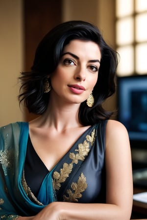 A stunning Indian woman posing confidently in a luxurious office setting. She wears a saree, her Trendsetter wolf cut black hair styled in a messy yet chic manner. Her breathtakingly beautiful face features a flirty gaze, perfect symmetric eyes, and natural skin texture. Anne Hathaway-inspired features shine through with a determined expression. Soft light illuminates her 36D figure, accentuating her fairy-toned complexion. High-contrast cinematography creates a cinematic effect, reminiscent of Disney Pixar-style visuals. Shot in 8K HDR on a DSLR camera, Fujifilm XT3, with film grain for added realism.