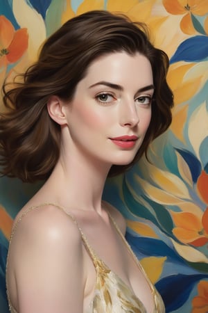 Anne Hathaway's ethereal features radiate against a vivid, Impressionist backdrop of swirling brushstrokes and vibrant hues. Softly lit by warm, golden beams, her gaze appears enigmatic, as if lost in thought. The atmosphere is dreamy, with delicate wisps of cloud-like texture blending into the soft focus. Henri Matisse's signature style shines through in the bold color palette, imbuing Anne's portrait with a sense of whimsical, artistic flair.