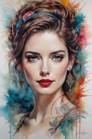 painting of Anne hathway, Carne Griffiths style, featuring vintage tattoo elements and lipstick, set against a complex background that invokes the charm of ancient art, her vintage hairstyle meticulously rendered, oil painting, masterpiece with vivid colors, highly detailed, best quality, ultra-realistic
