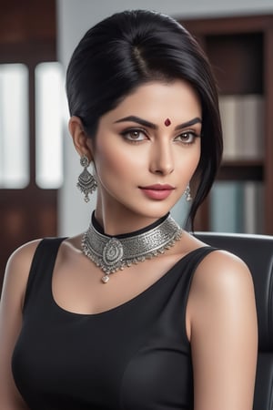 create a hyper realistic vertical photo of Indian most attractive woman in her 40s, choker belt, Trendsetter wolf cut black hair, trending on artstation, portrait, digital art, modern, sleek, highly detailed, formal, determined, wearing saree, in luxurious office, 36D , fairy tone, fair skin, flirty gaze, anne hathway