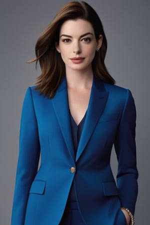 A stunning vertical portrait of Anne Hathaway-inspired beauty, radiating confidence and sophistication. The subject's Trendsetter wolf-cut brown hair falls in effortless layers, framing her determined gaze. She wears a sleek blue business suit, accentuating her toned physique. Her eyes, a perfect symmetrical blend of warm and cool tones, sparkle with modern elegance. Natural skin texture and subtle highlights evoke a sense of softness beneath the surface. Soft, cinematic lighting illuminates her features, while high-contrast shadows add depth to the overall image. Shot on Fujifilm XT3, this 8K HDR portrait boasts film-like grain, capturing every detail in breathtaking hyperrealism.
