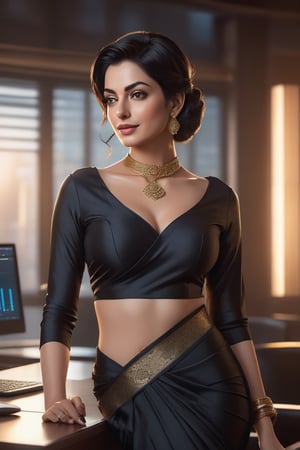 Vertical portrait of a stunning Indian woman in her 40s, donning a Trendsetter wolf cut black hair and a choker belt, exuding modern elegance. She sits confidently in a luxurious office, surrounded by sleek, high-tech gadgets. Her formal saree is draped elegantly around her curvy figure, accentuating her impressive 36D bust. Her fair skin glows with a subtle fairy tone, illuminating her determined expression. A flirty gaze, reminiscent of Anne Hathaway's, meets the viewer's eyes, inviting closer inspection. The camera captures every detail, from the intricate saree folds to the delicate curves of her wolf-cut hair, in a hyper-realistic digital art piece that's sure to trend on ArtStation.