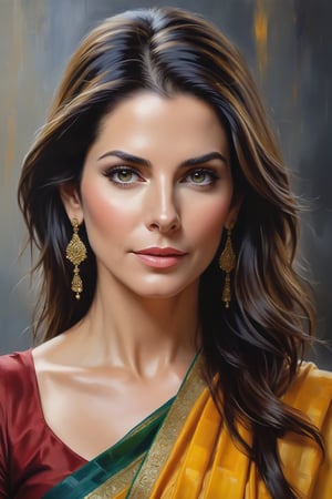 oil painting, heavy brushstrokes, paint drips, a breathtaking portrait of a Mozart, female, Sandra Bullock, Transparent Saree,  medium long fuzzy hair, perfect symmetric eyes,gorgeous face,  rich, deep colors,layered image shaded by cells, golden ratio, award winning, professional,highly detailed, intricate, volumetric lighting, gorgeous, masterpiece, sharp focus, depth of field, perfect composition, award winner, artstation, acrylic painting create a hyper realistic vertical photo of Indian most attractive woman in her 40s, Trendsetter wolf cut black hair, 
