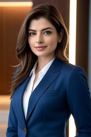 create a hyper realistic vertical photo of Indian most attractive happy woman in her 30s, Anne hathway, Trendsetter wolf cut brown hair, trending on artstation, portrait, digital art, modern, sleek, highly detailed, formal, determined, blue business suit, perfect symmetric eyes, natural skin texture, hyperrealism, soft light, sharp, 8k hdr, dslr, high contrast, cinematic lighting, high quality, film grain, Fujifilm XT3