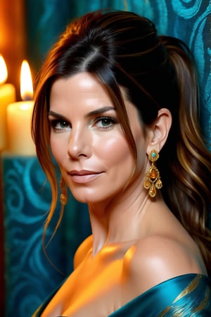 Softly glowing candlelight wraps Sandra Bullock's peaceful face, her features softly blurred by impressionistic brushstrokes amidst a swirling tapestry of turquoise, amber, and crimson. Her gaze drifts wistfully into the distance as the warm glow casts gentle shadows across her skin, surrounded by whispers of blue and gold that dissolve into the dreamy atmosphere.